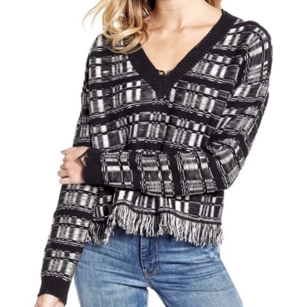 Wildfox Reese Ritzy Fringe Hem Sweater in Black and White NWT